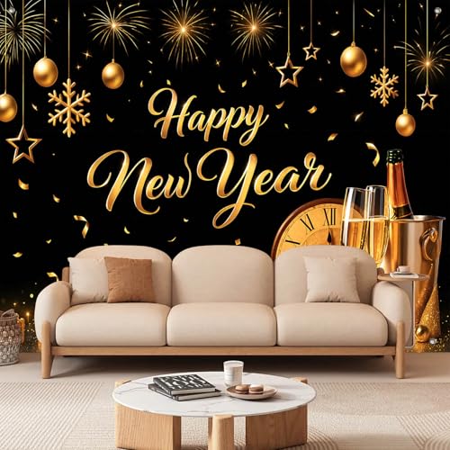 HOMETITUTE Lunar New Year Banner 8x6ft Black and Gold Happy Chinese New Year Backdrop with Champagne Clock Gifts Fireworks Party Decoration for 2025 Celebration Indoor Outdoor Photography by HOMETITUTE - Used condition - Image 2