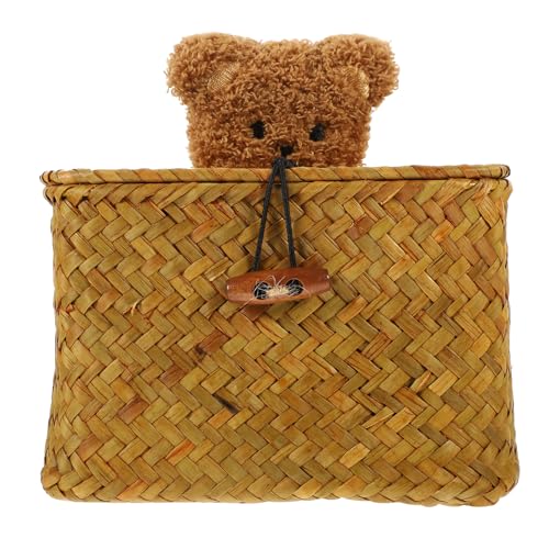 HOODANCOS Cesta Pequeña de Almacenamiento con Tapa Caja Tejida de Algas Marinas Natural Organizador Multifuncional para Hogar y Escritorio Decoración Rural Segura y Práctica