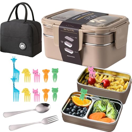 Mylindde Bento Box Leakproof Lunchbox Food Storage Box Stainless Steel Lunch Box Leakproof Bento Box for Adults Kids Teens (Khaki)
