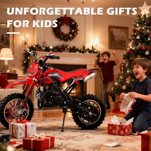 Image of 50cc Kids Dirt Bike, 2 Stroke Gas Dirt Bike for Kids 8-14 with Front Rear Disc Brakes, 10 Inch Off-Road Tires, Shock Absorption, Seat Height 23.6in, Max Speed 40mph, 2026 Upgraded, Red