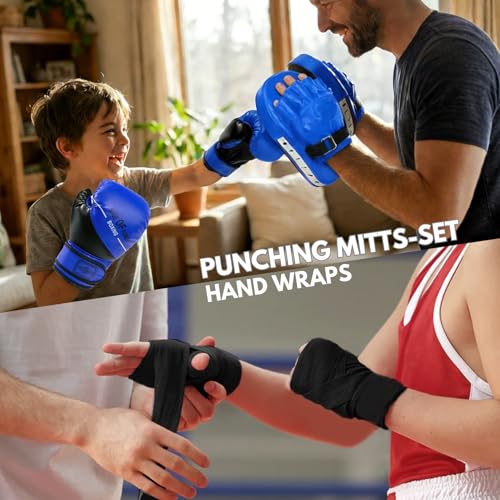 PARPIQ 3-in-1 Boxing Gloves and Punching Mitts Set for Kids, Boxing Mitts Focus Pads with Hand Wraps for Kid, Youth Leather Punching Equipment Gloves Set for MMA, Karate, Muay Thai, Taekwondo (Blue) - Thumbnail 7