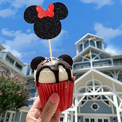 Gyufise 36 Pack Black and Red Glitter Mouse Inspired Cupcake Toppers with Bow Mouse Cake Decorations for Baby Shower Wedding Kids Baby Birthday Party Supplies