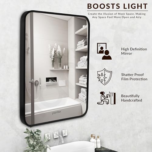 Image of Plantex Aluminium Frame Bathroom Mirror for Wall /Wall Mount Mirror for Bedroom /Dressing Room /Living Room /Entryway - Shatterproof Mirror (18x24 Inch-Brushed Black /Rectangle)