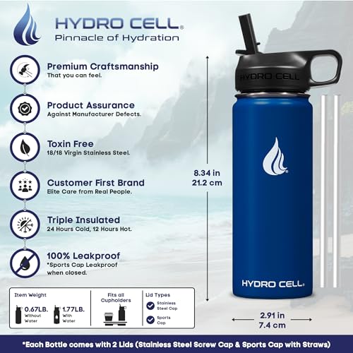 Image of HYDRO CELL Stainless Steel Insulated Water Bottle with Straw - For Cold & Hot Drinks - Metal Vacuum Flask with Screw Cap and Modern Leakproof Sport Thermos for Adults (Navy 18oz)