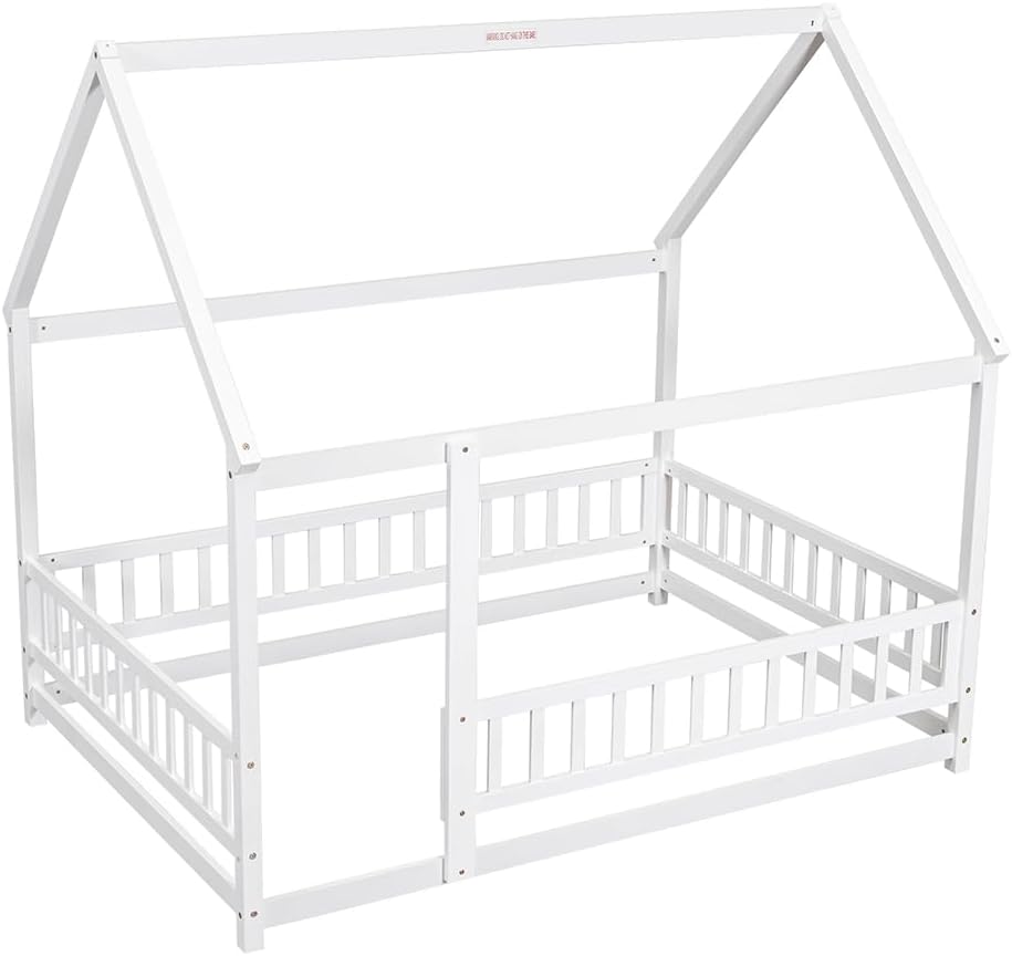 Full Size House Floor Bed with Roof Fence Guardrails Easy Assembly Multifunctional Playhouse Bed for Kids Boys Girls Teens (202 x 152 x 187cm) White