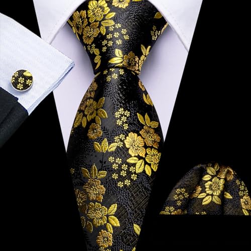 Image of Barry.Wang Flower Ties for Men Silk Woven Floral Tie Sets Necktie Handkerchief Cufflinks Wedding Party