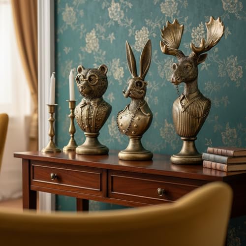 4 Pcs Vintage Gentleman Animal Bust Statue Set, Moose Rabbit Tiger Bear Figurine with Glasses & Suit, Retro Table Sculpture Decor, Office Living Room Desktop Ornament, Creative Gift for Animal Lovers by Newinhome - Used condition - Image 8