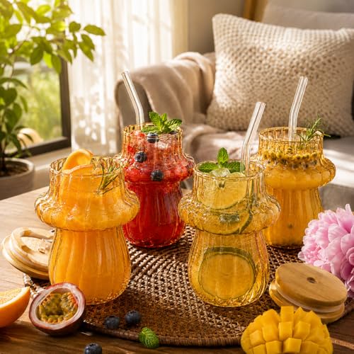 Image of Glass Tumblers with Wooden Lid and Glass Straw, 400ml, Borosilicate Glass, for Coffee, Iced Coffee, Juice and Smoothies, Coffee Mug, Sipper, Glass Tumbler (Golden - Mushroom Shape)