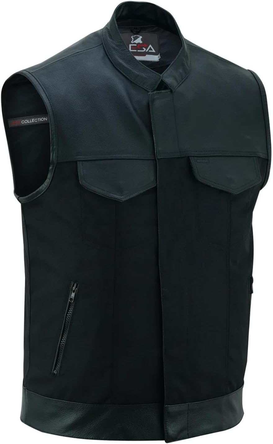 Lesa CollectionMen's Black Textile and Leather Multi Closer Zipper and studs Front Moto Vest