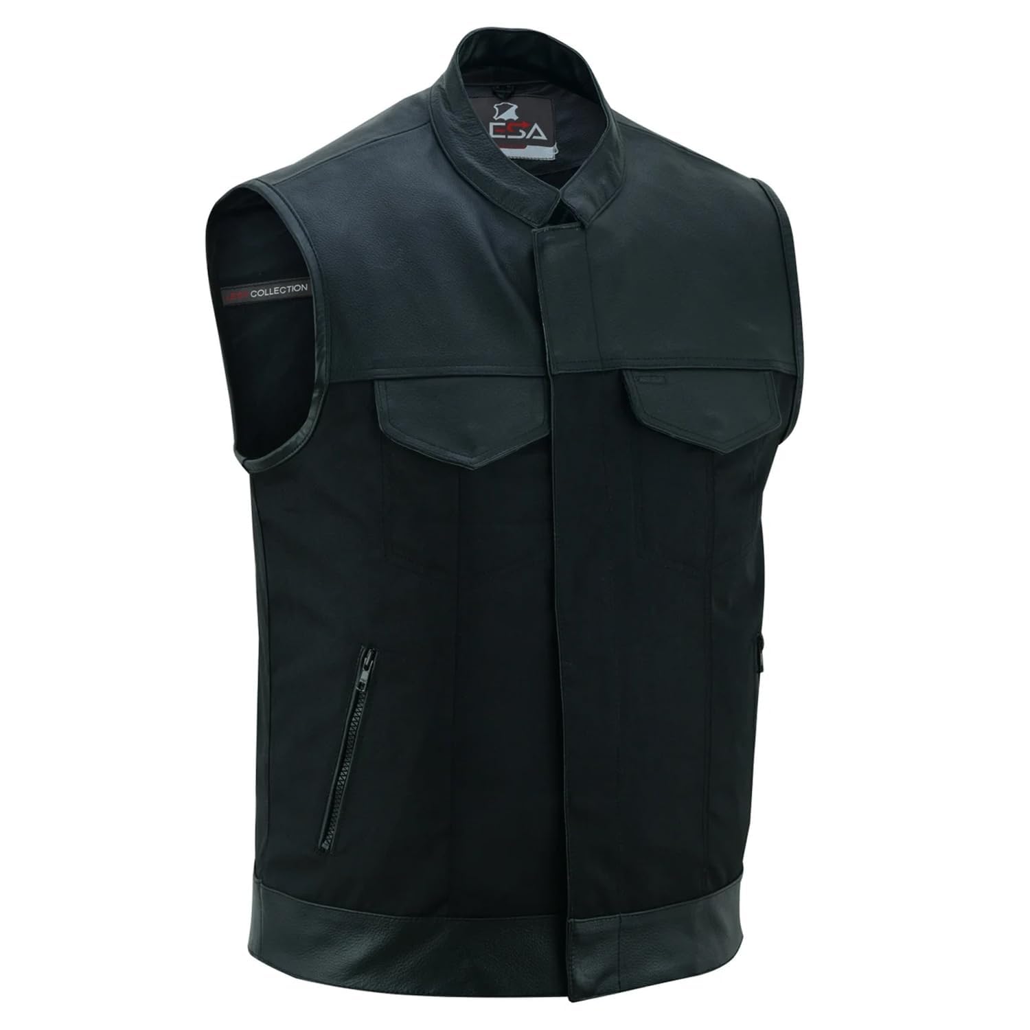 Lesa CollectionMen's Black Textile and Leather Multi Closer Zipper and studs Front Moto Vest