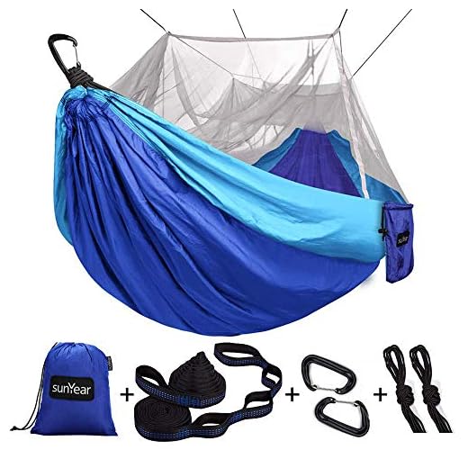 Single & Double Camping Hammock with Mosquito/Bug Net, 10ft Hammock Tree Straps and Carabiners, Easy Assembly, Portable Parachute Nylon Hammock for Camping, Backpacking, Survival, Travel & More