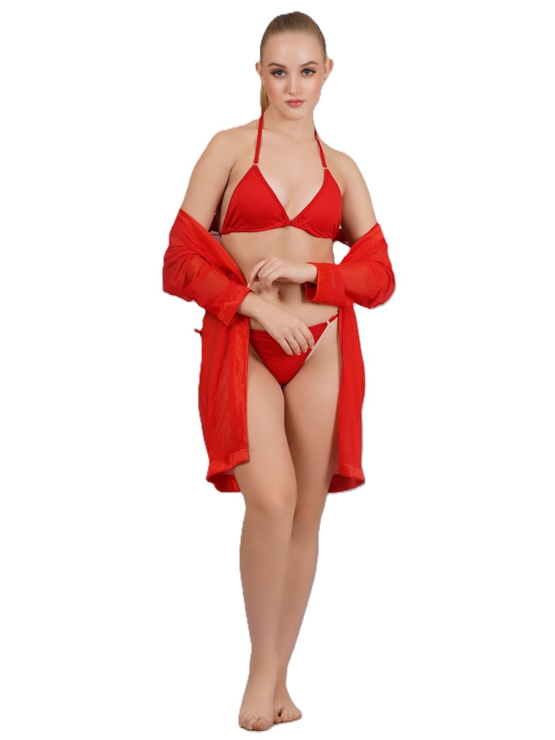 Women’s 3-Piece Red Nightwear Set – Bra, Panty & Robe Lingerie Set – Sexy Sleepwear for Women & Honeymoon Nightdress-image-37