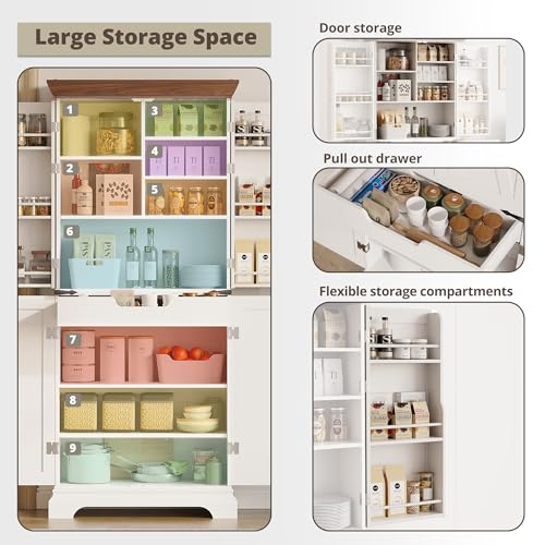IRONCK Kitchen Pantry Cabinet 72" H, with 9 Shelves, 4 Barn Doors, Drawer, 6 Door Storage Shelves, Farmhouse Freestanding Rustic Wood Cupboard for Kitchen Dining Room White - Image 4