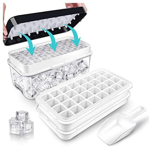 Ice Trays for Freezer with Lid & Bin, Ice Cube Tray Making 64 pcs Ice Cubes, Easy Press to Release Ice, Ice Tray with Storage Bin Chilling Cocktail Whiskey Coffee 2 Trays 1 Ice Bucket & Scoop (Black)