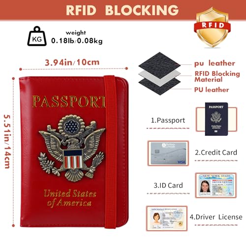 Image of Passport Holder Cover Travel Wallet RFID Blocking Wallets Family Passport Organization Personalized Wallet Case for Men and Women Travel Must Haves (Red)