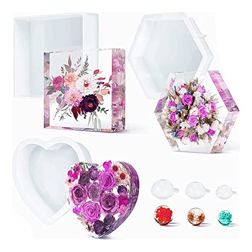 Pojedehy Upgrade Silicone Molds Epoxy Silicone Molds Resin Molds Kit for Flowers Preservation Deep Square Hexagon Heart