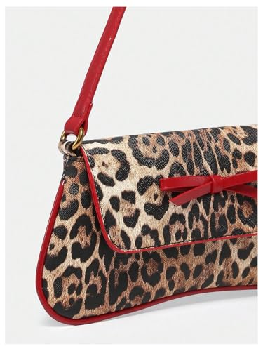 Women's Leopard Print Bow Shoulder Bag Flap Leather Purse Y2k Elegant Underarm Bag3