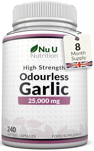 Garlic Capsules 25,000 mg - 240 Softgel Capsules - 8 Month Supply - High Strength Garlic Supplement - Extract from Allium Sativum - 1.5 mg of Allicin - Made in The UK - Nu U Nutrition