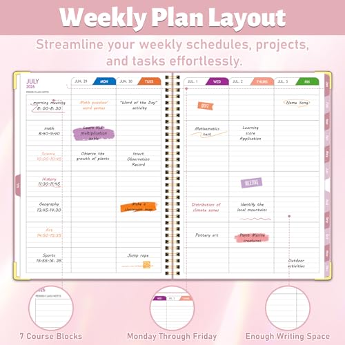 Teacher Planner 2026-2027, Jul 2026-Jun 2027 Academic Year, 8.5" x 11" Lesson Planner Book for Teachers Calendar, Spiral Bound Planners, Colorful Monthly Tabs, Hardcover, Corner Protectors - Pink - Image 4