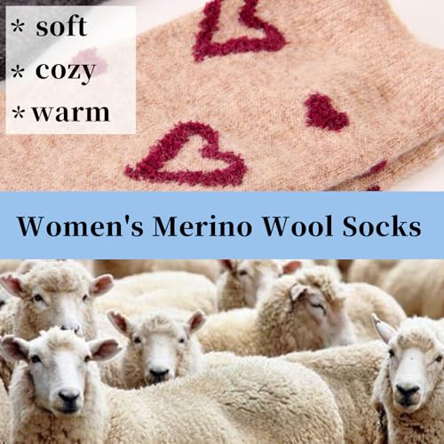 Image of Women's Merino Wool Dress Socks - Thin, Warm, Hiking Crew & Cute Heart /Cat 6 /5 Pairs