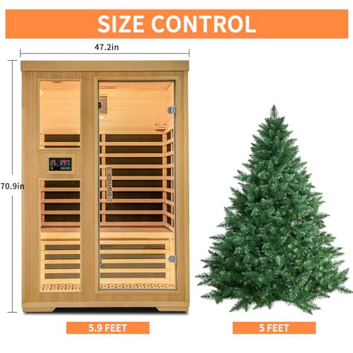 2 Person Far Infrared Indoor Sauna Room,1850w Carbon Canadian Hemlock Wooden Dry Sauna with Dual Control Panel and MP3 Controller, 8 Carbon Panels,Led Reading Lamp, New Year for Family - Image 5