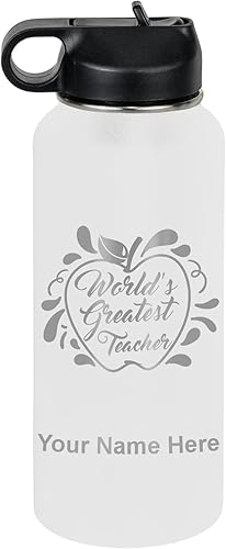 Miniatura 34 de LaserGram Botella de agua con tapa abatible de doble pared de 32 onzas con popote, el mejor maestro del mundo, grabado personalizado incluido (verde