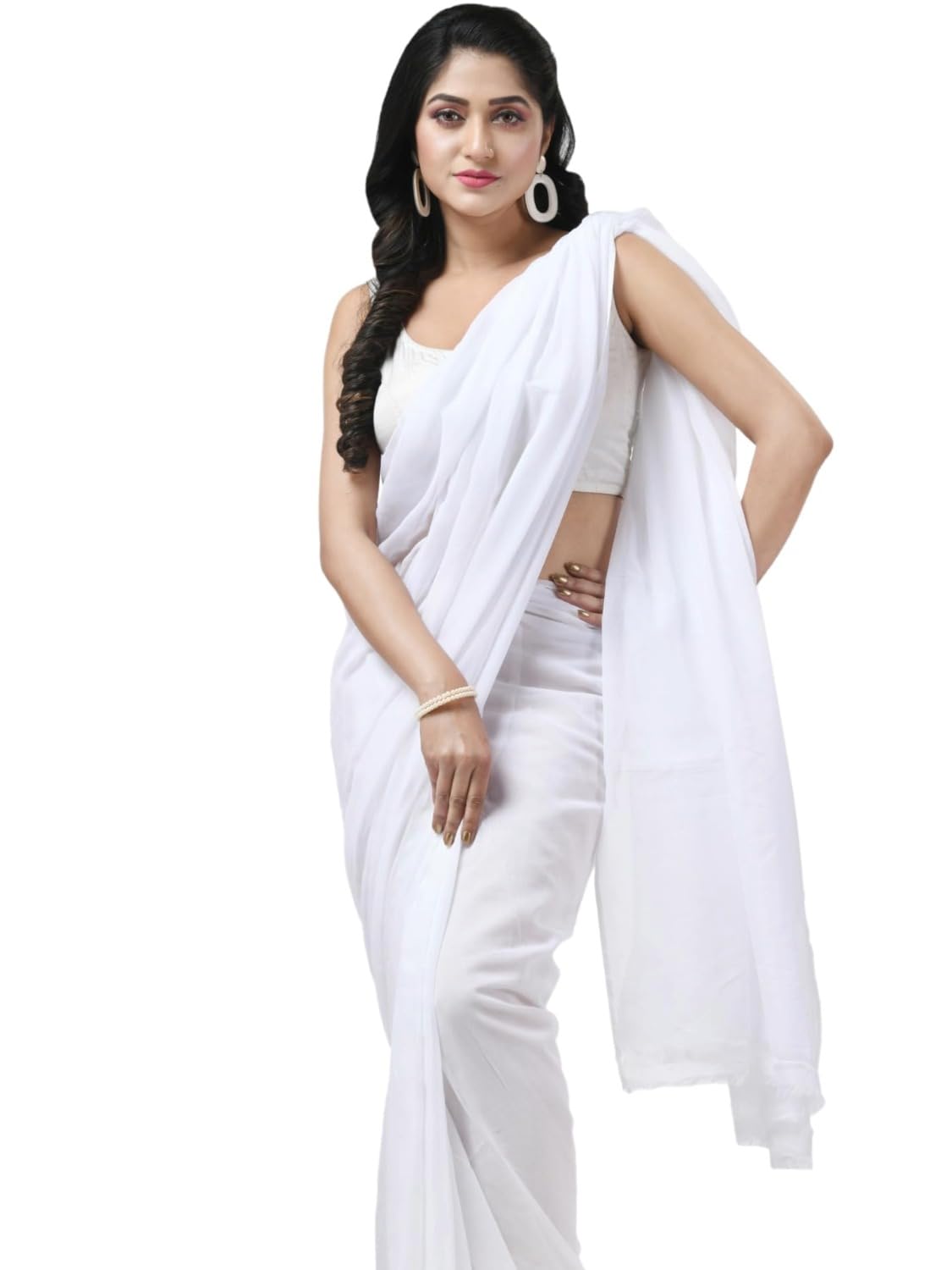 Women`s Fancy Trendy Solid Transparent Design Pure Cotton Handloom MulMul Saree (White)-image-17