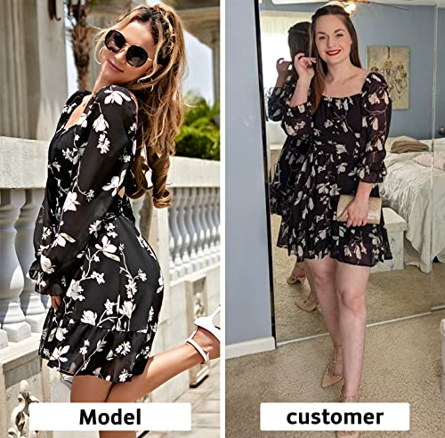 Exlura Women Tie Back Wedding Guest Dresses Long Lantern Sleeve Square Neck Ruffle Elastic Waist Aline Casual Mini Dress Black Floral #TOP6