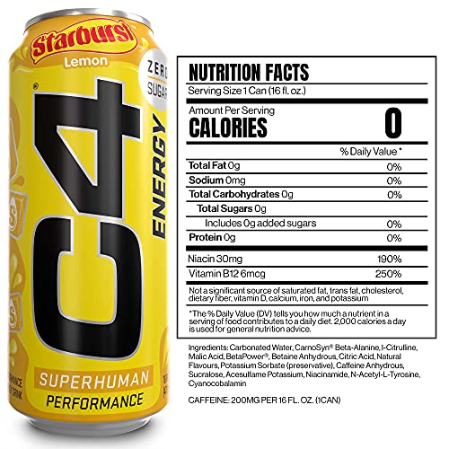 Cellucor C4 Energy Drink, Starburst Lemon, Carbonated Sugar Free Pre Workout Performance With No Artificial Colors Or Dyes, 16 Oz, 12 Count #TOP2