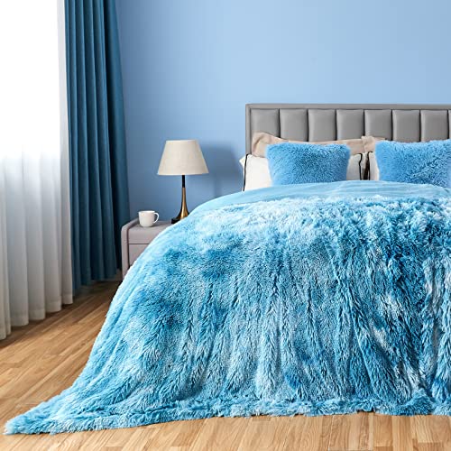 GONAAP Fuzzy Faux Fur Queen Blanket for Couch, Tie-dye Ocean Blue, 90"x90"