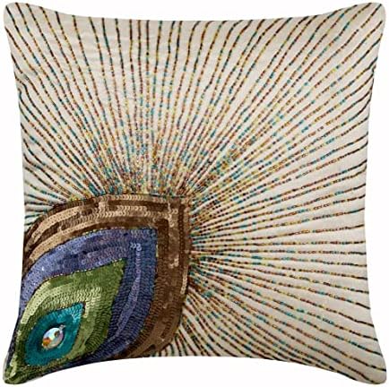 The HomeCentric Ivory Accent Pillow, Peacock Feather Sequins Beaded Pillow Cover, 18x18 inch (45x45 cm) Decorative Pillow Cover, Square Silk Pillow Cover Couch, Floral Art Deco, Birds - Peacock Beauty