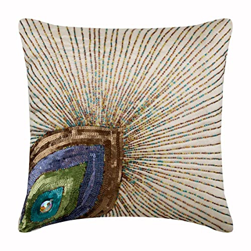 The HomeCentric Ivoire Oreillers Accent, Plume De Paon Paillettes Et Perles Couverture D'Oreillers, 40x40 cm Taies d'oreiller Decoratif, Carre Soie Oreillers Couvre pour Canape - Peacock Beauty Cover
