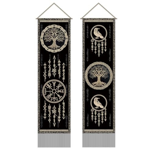 SUPERDANT 2 Tlg Wikinger Wandbehang Moderne Dreamcatcherbols Wanddekor Länglicher Vertikaler Wandteppich Mit Stangen Seilen Quasten Für Schlafzimmer Wohnzimmer Flur Büro Balkon Innenraumdekor 116x33cm