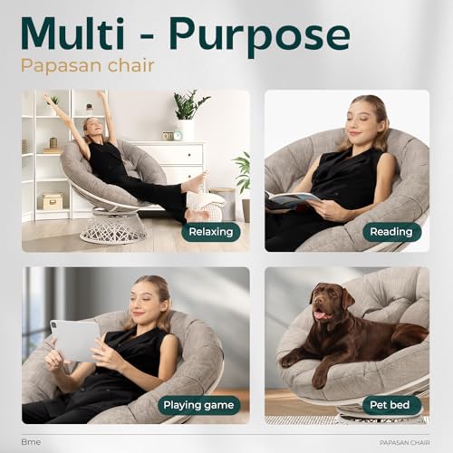 Image of Bme Ergonomic Wicker Papasan Chair with Soft Thick Density Fabric Cushion, High Capacity Steel Frame, 360 Degree Swivel for Living, Bedroom, Reading Room, Lounge, Silver Cloud - White Base