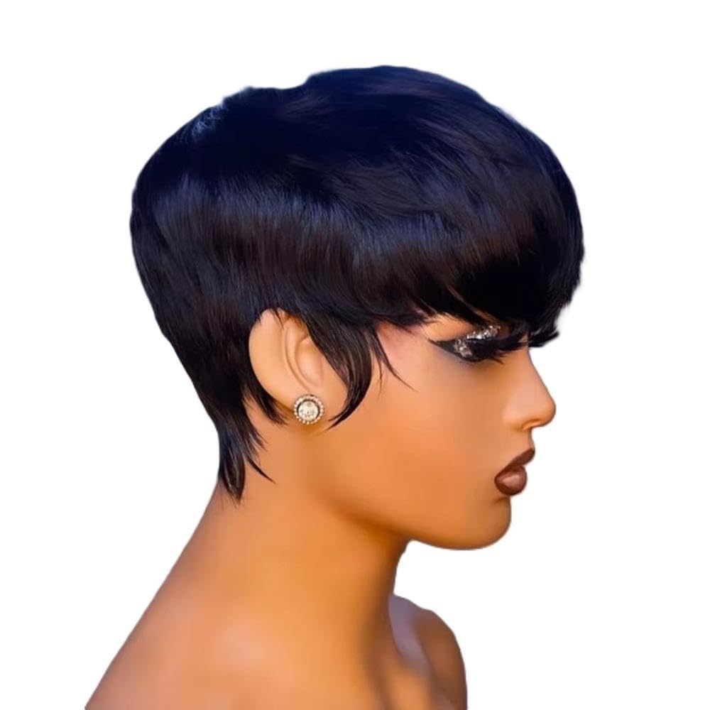 Haarpflege Kurze Gerade Bob Perücke Aus Echthaar Für Frauen Mit Pony Ohne Spitzenfront(180%)