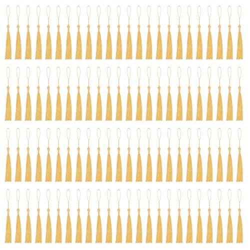 Image of NACHLYNN 120 Pcs Bookmark Tassels Bulk 13cm /5 Inch Light Gold Silky Handmade Soft Craft Mini Tassels for Jewelry Keychain Making with Loops for Dress Decoration DIY Craft Accessory
