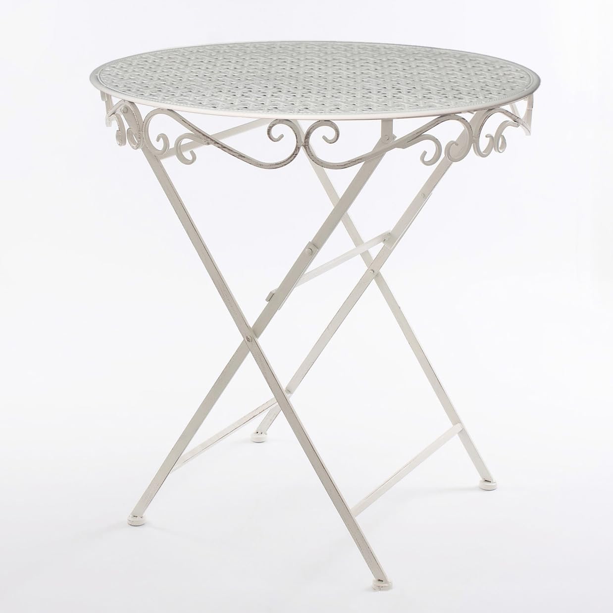 DiKasa Tavolo da Giardino Rotondo Pieghevole in ferro bianco - Tavolino da esterno in metallo verniciato a polvere stile shabby chic, salvaspazio per balcone, terrazzo, veranda o giardino, Ø70x76 cm