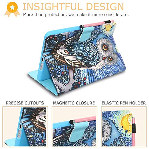 Monsdirect Case For Ipad Mini 1 2 3 4 Mini 5, Pu Leather Kickstand Case Flip Auto Sleep Wake Protective Cover For Ipad Mini 1 2 3 4 5, Sky Owl #TOP2
