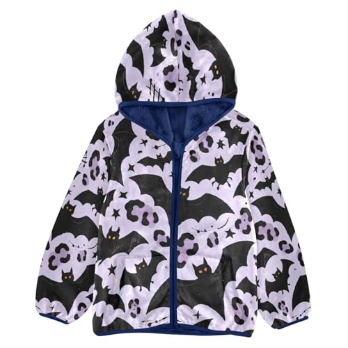 Bats Leopard Halloween Pattern Toddler Fleece Jacket Girl Boys Hooded Fleece Jacket Coat Warm Outwear Zip-up 3-10T