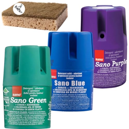 SANO Water Toilet Bowl Cleaner Long Lasting Air Freshener WC Tablet - Cleans, Perfumes, Hygienic, Leaves Water Sparkling Blue, Up to 900 Flushes - 3x150g Blue+Green+Purple + Cleaning Sponge