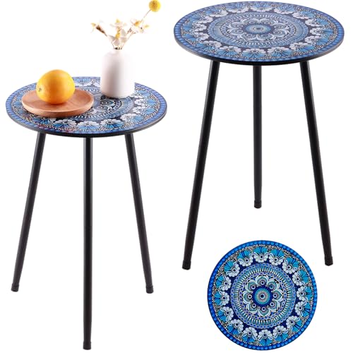 Metal Outdoor Side Tables Set of Two Small Outside Round End Table for Patio Modern Accent Garden Corner Table for Small Spaces, Balcony, Porch, Weather-Resistant, Plant Stand Indoor, Blue