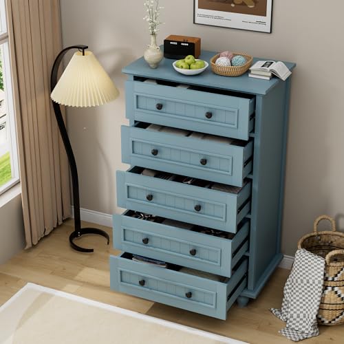 Image of 42.7'' Tall 5 Drawer Dresser for Bedroom, Vintage Blue Wood Storage Chest | Farmhouse Dresser for Closet, Wood Storage Cabinet, Antique Roman Column Legs, Painted Finish, Easy Assembly, Anti Tipping