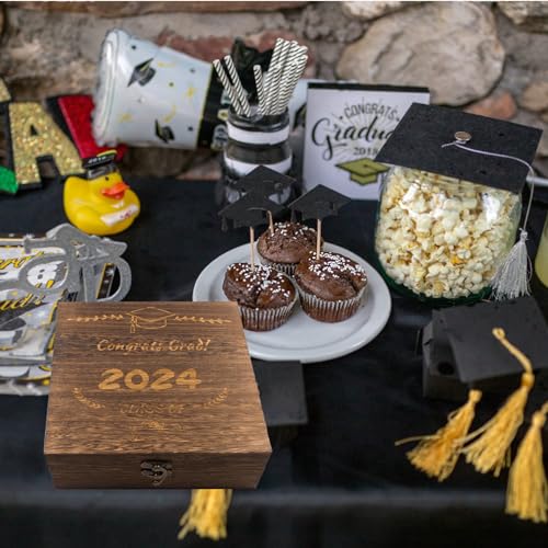 QoTang Graduation Gift Box Wooden Graduation Keepsake Box Engravong Graduation Cap Graduation Gift for Him Decorative Memory Box Class of 2024 Graduation Gift for Graduate High School College Party - Thumbnail 4