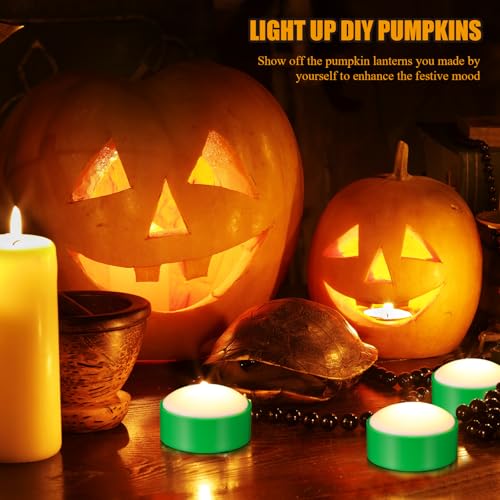 Image of Riakrum 6 Pieces Halloween Remote Timer LED Lights with Remote Summer Halloween LED Pumpkin Lights Battery Operated Lantern Bright Flameless Candle(Green,Warm Light)