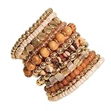 iF YOU 12 Pcs Boho Beaded Bracelets for Women, Brown Bohemian Stackable Gold Bead Stretch Bracelets Stack Jewelry Gift (Brown-12 pcs)