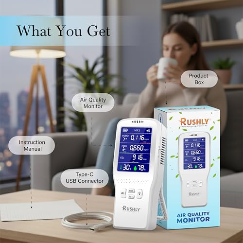Image of 5-in-1 Indoor Air Quality Monitor (NDIR CO2 Sensor) - Detects Formaldehyde (HCHO), TVOC, Temperature & Humidity - Portable Pollution Tester for Home, Office, Car & Renovation Fumes (Type-C)