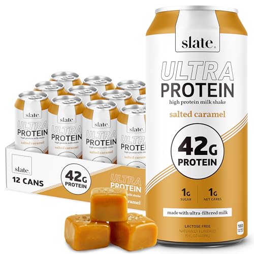 Image of Slate Milk -Ultra Protein Shake-Salted Caramel-42g Protein,1g Sugar,180 Calories,1g Net Carbs-Lactose Free,No Added Sugar-Made with Ultra Filtered Milk- Breakfast Boost,Post Workout- 15 fl oz,12 Cans