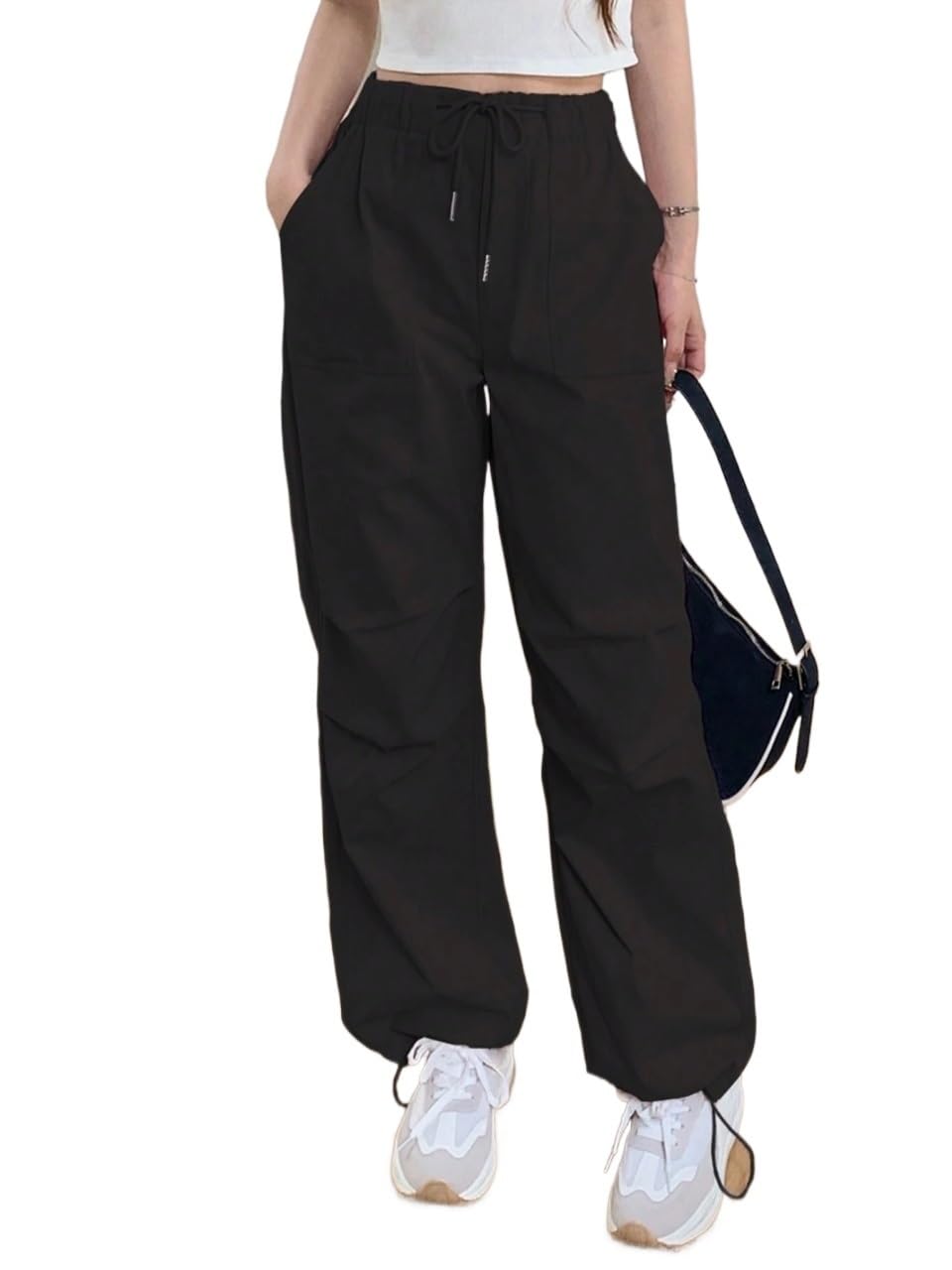 Womens Fall Casual Solid Color Drawstring Waist Long Pants Trousers