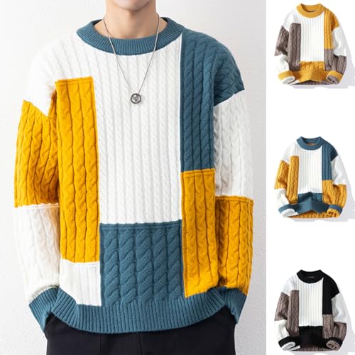 Cambkatl Men's Color Block Sweaters Loose Fit Crewneck Cable Knit Pullovers Long Sleeve Fall Winter Jumper Tops2