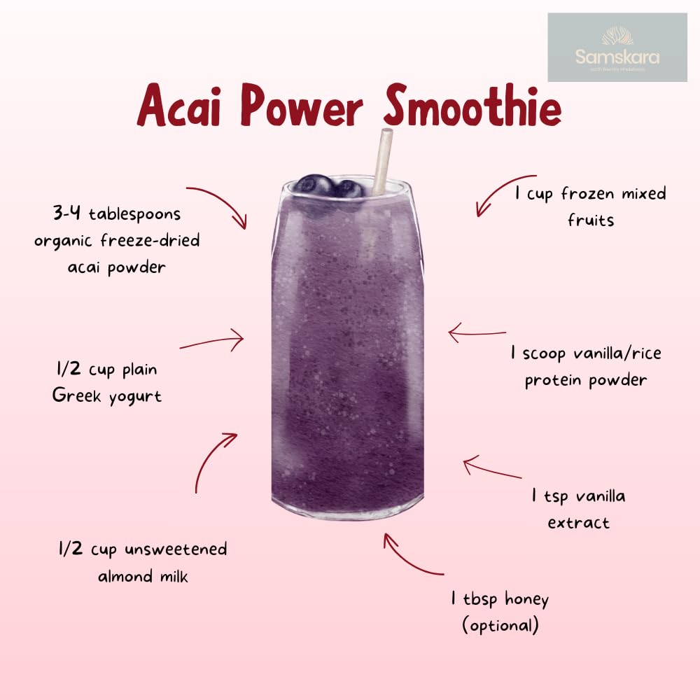 Polvo de Açai Orgánico Ecológico SAMSKARA | Acai en Polvo Bio Rico en Vitaminas y Minerales esenciales | Lote 2024 Frescura Garantizada - 250 gr